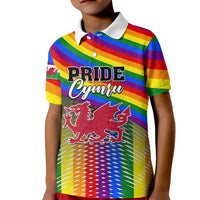 Kids rainbow pride polo shirt with Pride Cymru text and Welsh dragon graphic