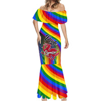 Women’s rainbow mermaid maxi dress with off-shoulder neckline and Pride Cymru graphic