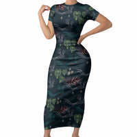 Guatemala Quetzal Bird Pattern Short Sleeve Bodycon Dress Embroidery Effect