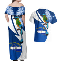 El Salvador Independence Day Couples Matching Off Shoulder Maxi Dress and Hawaiian Shirt Motmot With Flor De Izote - Wonder Print Shop