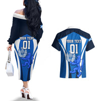 Custom Scotland Rugby Couples Matching Off The Shoulder Long Sleeve Dress and Hawaiian Shirt Thistle With Scottish Lion - Wonder Print Shop