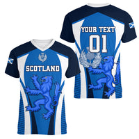 Custom Scotland Rugby Women V Neck T Shirt Thistle With Scottish Lion - Wonder Print Shop