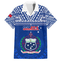 Blue V-neck rugby shirt with white collar, tribal pattern, and Samoa crest graphic