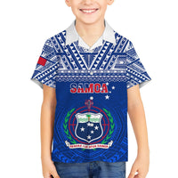 Kids blue V-neck shirt with white-trim collar, Samoa logo, and crest graphic