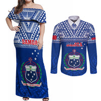 Custom Samoa Rugby Couples Matching Off Shoulder Maxi Dress and Long Sleeve Button Shirts Manu Samoa Polynesian Tatoo Pattern - Wonder Print Shop