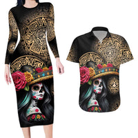 La Calavera Catrina Aztec Circle Couples Matching Long Sleeve Bodycon Dress and Hawaiian Shirt Dia de Muertos - Wonder Print Shop