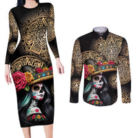 La Calavera Catrina Aztec Circle Couples Matching Long Sleeve Bodycon Dress and Long Sleeve Button Shirt Dia de Muertos - Wonder Print Shop