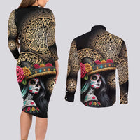 La Calavera Catrina Aztec Circle Couples Matching Long Sleeve Bodycon Dress and Long Sleeve Button Shirt Dia de Muertos - Wonder Print Shop