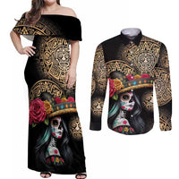 La Calavera Catrina Aztec Circle Couples Matching Off Shoulder Maxi Dress and Long Sleeve Button Shirt Dia de Muertos - Wonder Print Shop