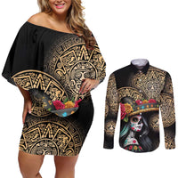 La Calavera Catrina Aztec Circle Couples Matching Off Shoulder Short Dress and Long Sleeve Button Shirt Dia de Muertos - Wonder Print Shop