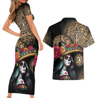 La Calavera Catrina Aztec Circle Couples Matching Short Sleeve Bodycon Dress and Hawaiian Shirt Dia de Muertos - Wonder Print Shop
