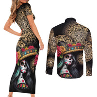 La Calavera Catrina Aztec Circle Couples Matching Short Sleeve Bodycon Dress and Long Sleeve Button Shirt Dia de Muertos - Wonder Print Shop