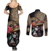 La Calavera Catrina Aztec Circle Couples Matching Summer Maxi Dress and Long Sleeve Button Shirt Dia de Muertos - Wonder Print Shop