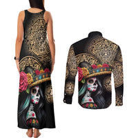 La Calavera Catrina Aztec Circle Couples Matching Tank Maxi Dress and Long Sleeve Button Shirt Dia de Muertos - Wonder Print Shop