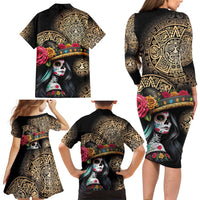 La Calavera Catrina Aztec Circle Family Matching Long Sleeve Bodycon Dress and Hawaiian Shirt Dia de Muertos - Wonder Print Shop
