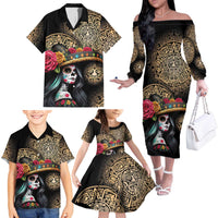 La Calavera Catrina Aztec Circle Family Matching Off The Shoulder Long Sleeve Dress and Hawaiian Shirt Dia de Muertos - Wonder Print Shop