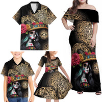 La Calavera Catrina Aztec Circle Family Matching Off Shoulder Maxi Dress and Hawaiian Shirt Dia de Muertos - Wonder Print Shop