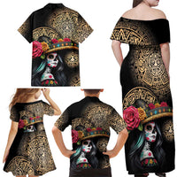 La Calavera Catrina Aztec Circle Family Matching Off Shoulder Maxi Dress and Hawaiian Shirt Dia de Muertos - Wonder Print Shop