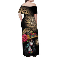 La Calavera Catrina Aztec Circle Family Matching Off Shoulder Maxi Dress and Hawaiian Shirt Dia de Muertos - Wonder Print Shop