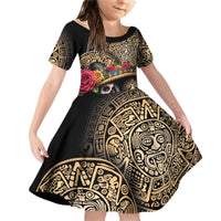 La Calavera Catrina Aztec Circle Family Matching Off Shoulder Short Dress and Hawaiian Shirt Dia de Muertos - Wonder Print Shop