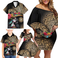 La Calavera Catrina Aztec Circle Family Matching Off Shoulder Short Dress and Hawaiian Shirt Dia de Muertos - Wonder Print Shop