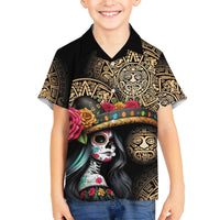 La Calavera Catrina Aztec Circle Family Matching Off Shoulder Short Dress and Hawaiian Shirt Dia de Muertos - Wonder Print Shop
