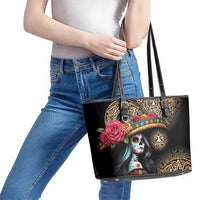 La Calavera Catrina Aztec Circle Leather Tote Bag Dia de Muertos - Wonder Print Shop