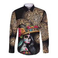 La Calavera Catrina Aztec Circle Long Sleeve Button Shirt Dia de Muertos - Wonder Print Shop