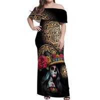 La Calavera Catrina Aztec Circle Off Shoulder Maxi Dress Dia de Muertos - Wonder Print Shop
