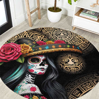 La Calavera Catrina Aztec Circle Round Carpet Dia de Muertos