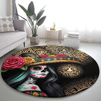 La Calavera Catrina Aztec Circle Round Carpet Dia de Muertos