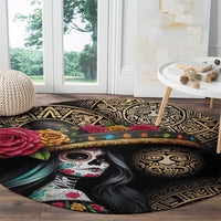 La Calavera Catrina Aztec Circle Round Carpet Dia de Muertos