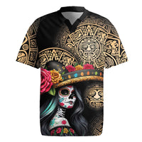 La Calavera Catrina Aztec Circle Rugby Jersey Dia de Muertos - Wonder Print Shop