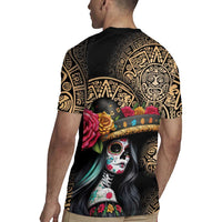La Calavera Catrina Aztec Circle Rugby Jersey Dia de Muertos - Wonder Print Shop