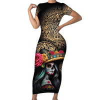 La Calavera Catrina Aztec Circle Short Sleeve Bodycon Dress Dia de Muertos - Wonder Print Shop