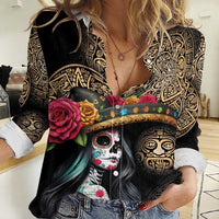La Calavera Catrina Aztec Circle Women Casual Shirt Dia de Muertos - Wonder Print Shop