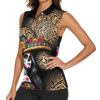 La Calavera Catrina Aztec Circle Women Sleeveless Polo Shirt Dia de Muertos - Wonder Print Shop