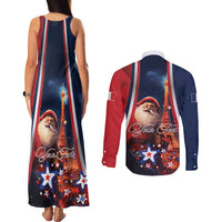 Personalised France Christmas Couples Matching Tank Maxi Dress and Long Sleeve Button Shirt Joyeux Noel Santa Claus Eiffel Tower - Wonder Print Shop
