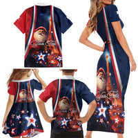 Personalised France Christmas Family Matching Short Sleeve Bodycon Dress and Hawaiian Shirt Joyeux Noel Santa Claus Eiffel Tower - Wonder Print Shop