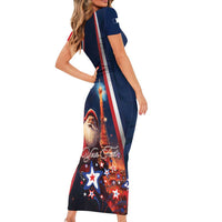 Personalised France Christmas Family Matching Short Sleeve Bodycon Dress and Hawaiian Shirt Joyeux Noel Santa Claus Eiffel Tower - Wonder Print Shop