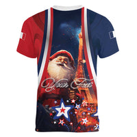 Personalised France Christmas Women V-Neck T-Shirt Joyeux Noel Santa Claus Eiffel Tower - Wonder Print Shop