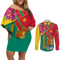 Grenada Couples Matching Off Shoulder Short Dress and Long Sleeve Button Shirt Gwenad Bougainvillea Special Version - Wonder Print Shop