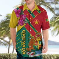 Adult model wearing a multicolor Hawaiian button-up with pink hibiscus, crest graphic, and collar.