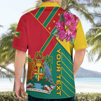 Adult model back view: multicolor Hawaiian shirt with pink hibiscus and vertical “YOUTH” text.
