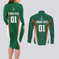 Custom Saudi Arabia Cricket Couples Matching Long Sleeve Bodycon Dress and Long Sleeve Button Shirt TeamSaudi Go Champions - Wonder Print Shop
