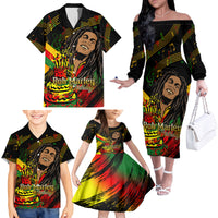 Legend Bob Birthday Family Matching Off Shoulder Long Sleeve Dress and Hawaiian Shirt The Father of Reggae - Wonder Print Shop