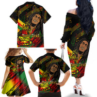 Legend Bob Birthday Family Matching Off Shoulder Long Sleeve Dress and Hawaiian Shirt The Father of Reggae - Wonder Print Shop