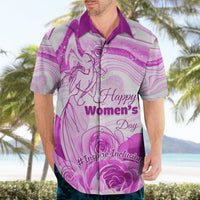 Purple Hawaiian shirt on adult with 'Happy Women's Day' floral unicorn print