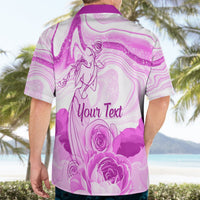 Purple Hawaiian shirt back view with 'Your Text' and rose floral artwork