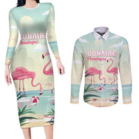 Personalised Bonaire Flamingos Couples Matching Long Sleeve Bodycon Dress and Long Sleeve Button Shirt Summer Time Beach Concept